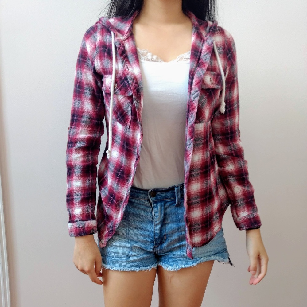 Hooded Red Plaid Flannel Light Jacket